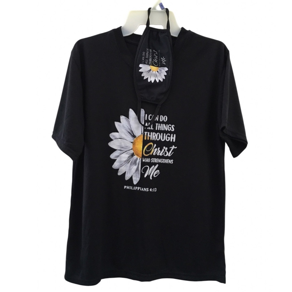 Black Daisy Phil 4:13 Tee with Matching Face Mask